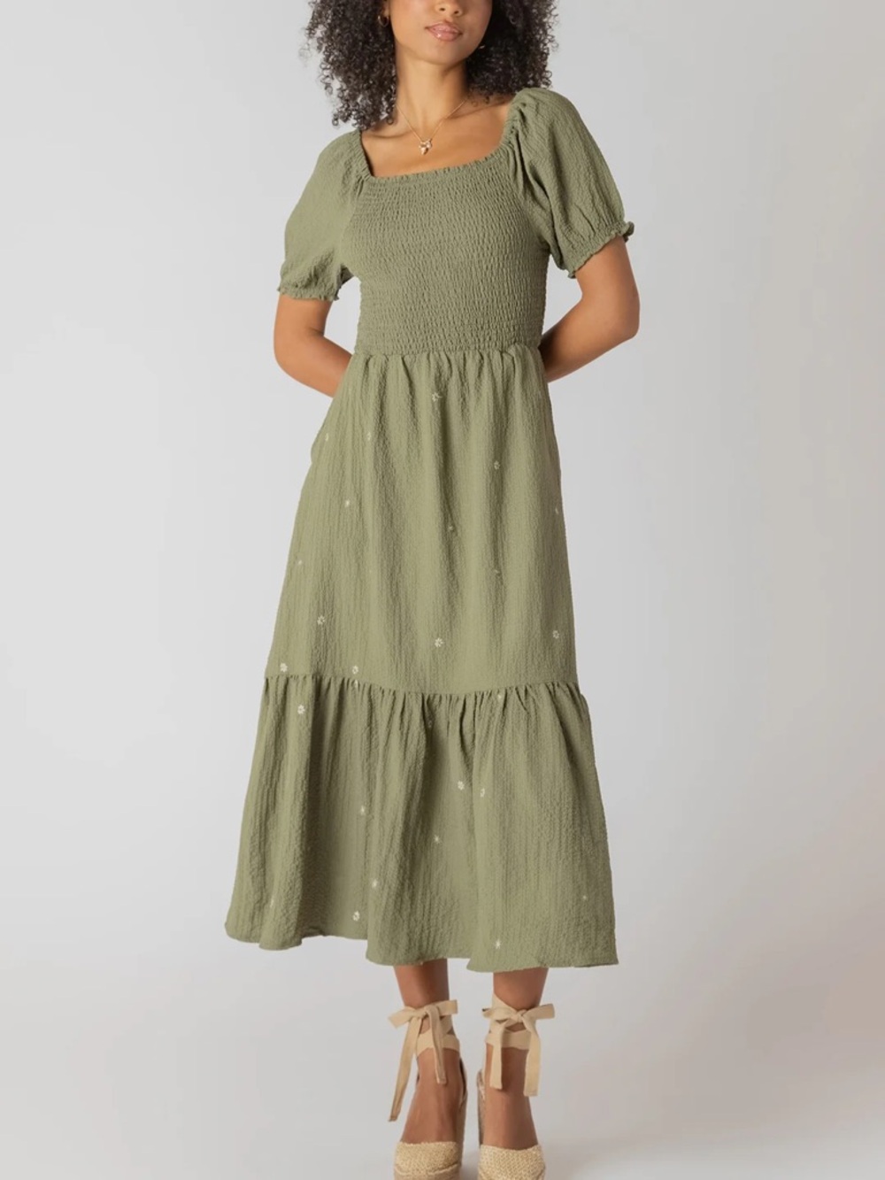 Devoted Smocked Square-Neck Midi Dress in Olive Green
